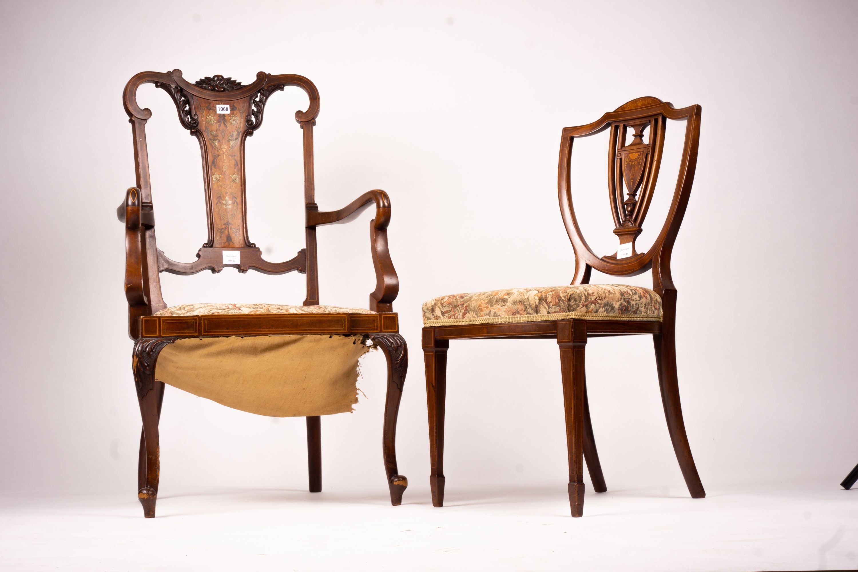 An Edwardian marquetry inlaid elbow chair (AF) and a side chair